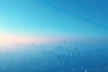 Fototapeta premium close-up of city skyline shrouded in smog streets barely visible blank sky above for text evoking urban pollution