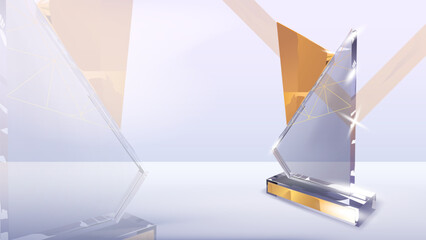Elegant crystal glass trophy with golden highlights on a white background, ideal for award ceremony or business recognition visuals