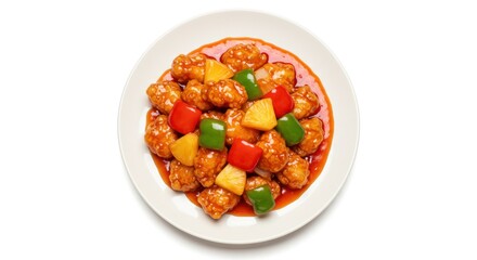 Sweet and sour chicken with pineapple and peppers on a white plate.