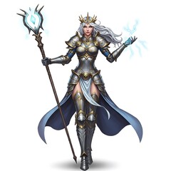 Obraz premium Armored Sorceress: Silver Haired Queen with Magic Staff and Lightning, Fantasy Warrior.