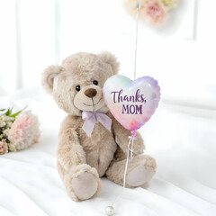 teddy bear sitting next to a gift bag with beautiful flowers for mother