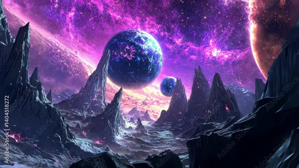 Poster futuristic landscape showcasing vibrant celestial bodies and rugged formations in deep space environ