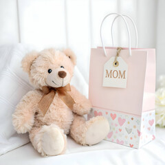 teddy bear sitting next to a gift bag with beautiful flowers for mother