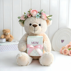 teddy bear sitting next to a gift bag with beautiful flowers for mother