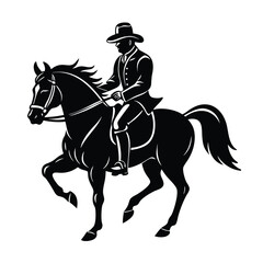 Black silhouette vector illustration shows a rider on a horse, an equestrian sport animal