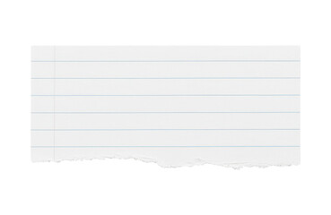Torn lined notebook paper with blue horizontal lines and left margin, ideal for scrapbooking, journaling, note taking, or educational use. Isolated on transparent background, png.