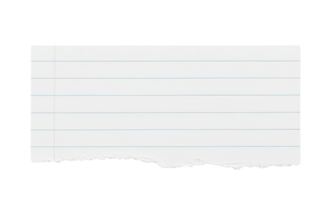 Torn lined notebook paper with blue horizontal lines and left margin, ideal for scrapbooking, journaling, note taking, or educational use. Isolated on transparent background, png.