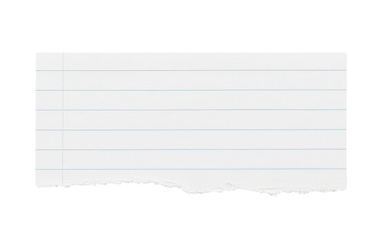 Torn lined notebook paper with blue horizontal lines and left margin, ideal for scrapbooking, journaling, note taking, or educational use. Isolated on transparent background, png.