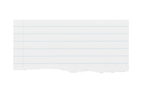 Torn lined notebook paper with blue horizontal lines and left margin, ideal for scrapbooking, journaling, note taking, or educational use. Isolated on transparent background, png.