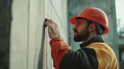 Construction worker measuring a wall. Featuring precise measurements and building work