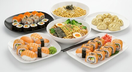 Assortment of asian food dishes sushi ramen dumplings on white background.