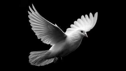 White dove in flight against black background