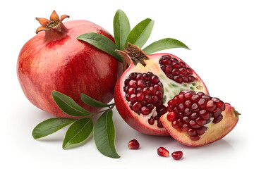 Vibrant Pomegranate with Juicy Seeds and Fresh Leaves

