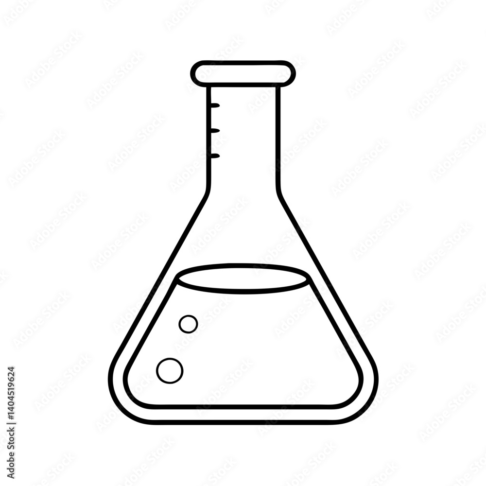Poster simple line drawing of a flask with liquid and bubbles a scientific erlenmeyer flask illustration