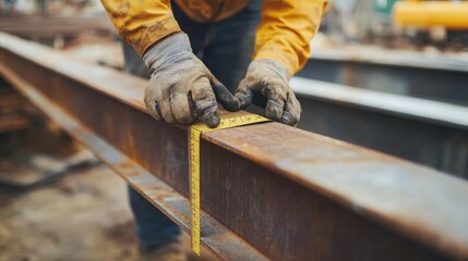 Construction worker measuring steel beams. Featuring structural measurement and building skills