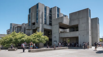Concrete brutalist school with students in modern urban environment