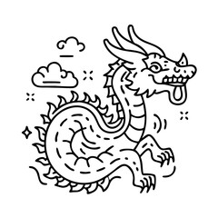 Traditional Asian Dragon Illustration in Black Line Art Style with Clouds and Stars