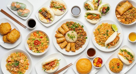 Assortment of Asian food dishes including fried rice spring rolls and steamed buns.