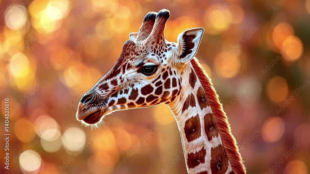 Poster closeup view of a giraffe with a stunning bokeh background in warm autumn hues, closeup of giraffe a
