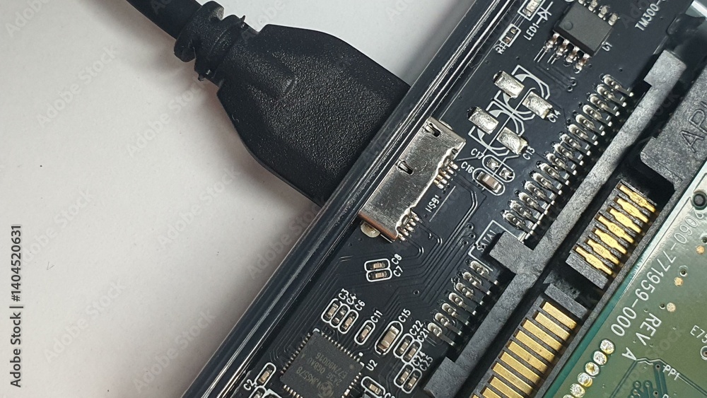 Poster close-up shot of a circuit board with usb connector, showcasing intricate electronic components and 