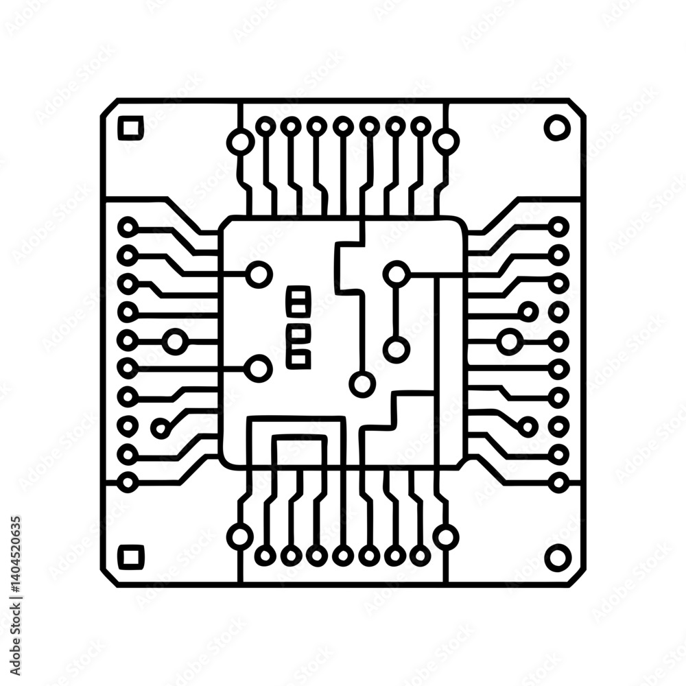 Poster detailed line drawing of a microchip circuit board electronic component