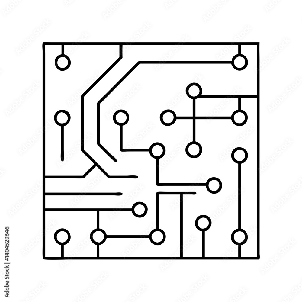 Poster handdrawn illustration of a simple circuit board design showing electronic components and pathways