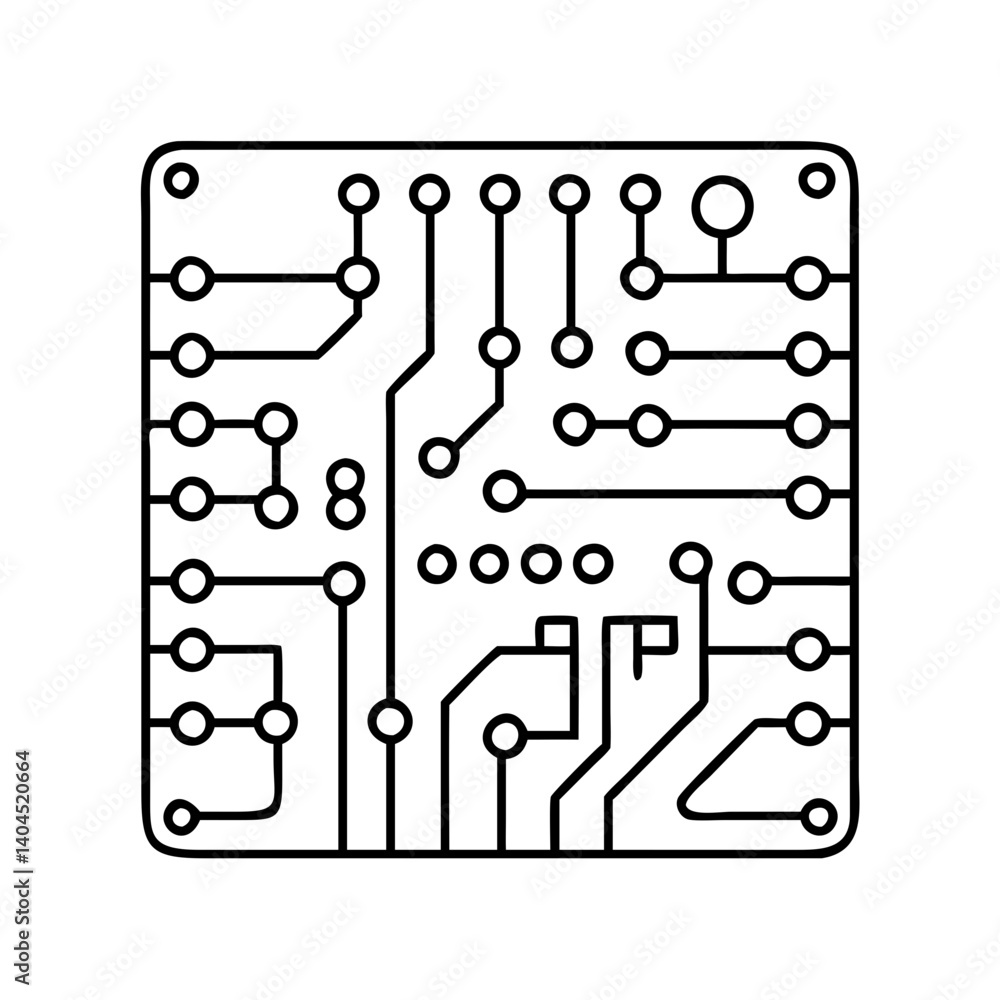 Poster a simple line drawing of a printed circuit board with integrated circuits and electronic components