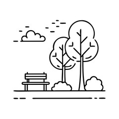 Tranquil Park Scene with Bench and Trees Under a Cloudy Sky