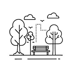 Serene Park Scene with Bench and Trees under Cloudy Sky