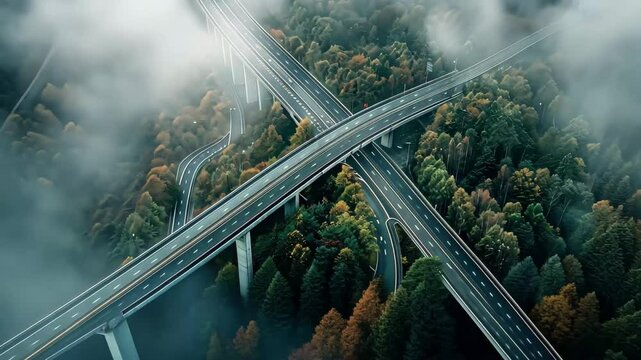 European route winding through lush forest under a blanket of fog on a calm afternoon, Aerial drone view of the European route E20 on a cloudy day Vertical