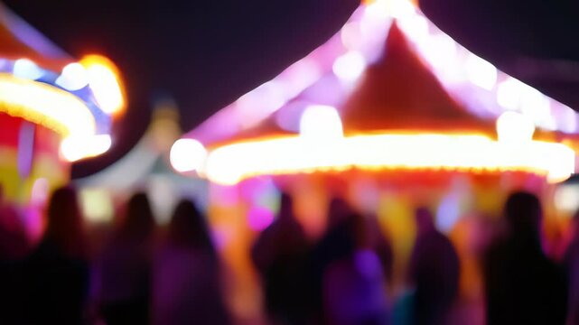 Blurred night carnival scene with vibrant lights and silhouettes of people, concept for event posters, amusement park advertising, and festive backgrounds
