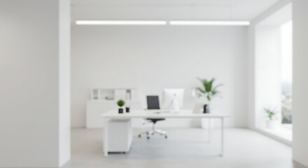 Fototapeta premium Serene White Office: Minimalist Design, Natural Light AI Generated