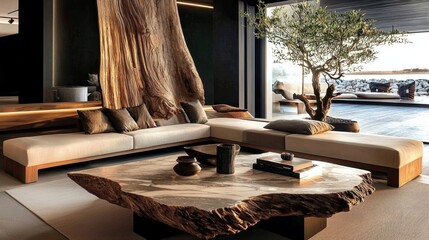 Elegant living spaces feature stunning marble coffee tables.
