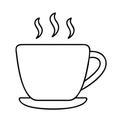 A simple line drawing of a hot cup of coffee or tea on a saucer