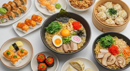 Assorted Japanese food dishes including sushi ramen and dumplings on a white surface.