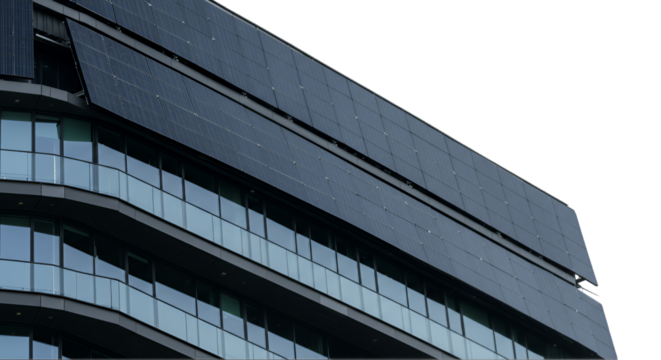 Dark Gray Modern Building Facade with Solar Panels and Glass Balconies on Transparent Background