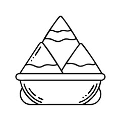 Line art illustration of three conical mountains of Holi powder in a bowl