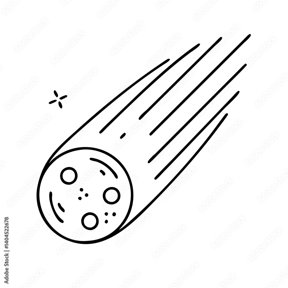 Poster a simple line drawing of a comet speeding through space with a star in the background