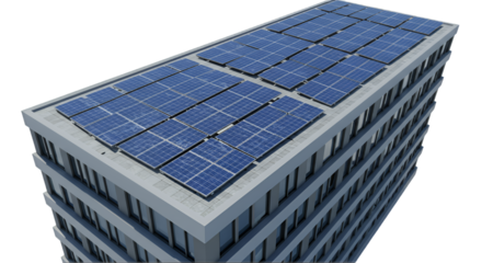 High Angle View of Multistory Building with Rooftop Solar Panels, Transparent Background