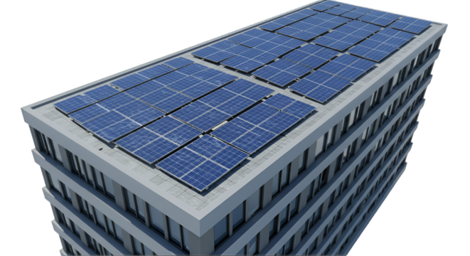 High Angle View of Multistory Building with Rooftop Solar Panels, Transparent Background