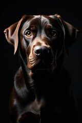 Labrador headshot, intense gaze, black backdrop, closeup, background, yellow lab