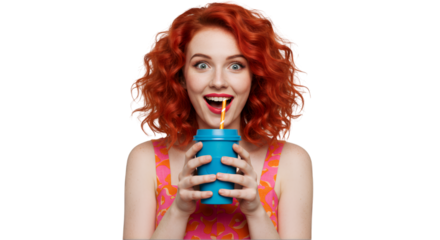 Joyful Redhead Woman Drinking from Teal Cup on Transparent Background