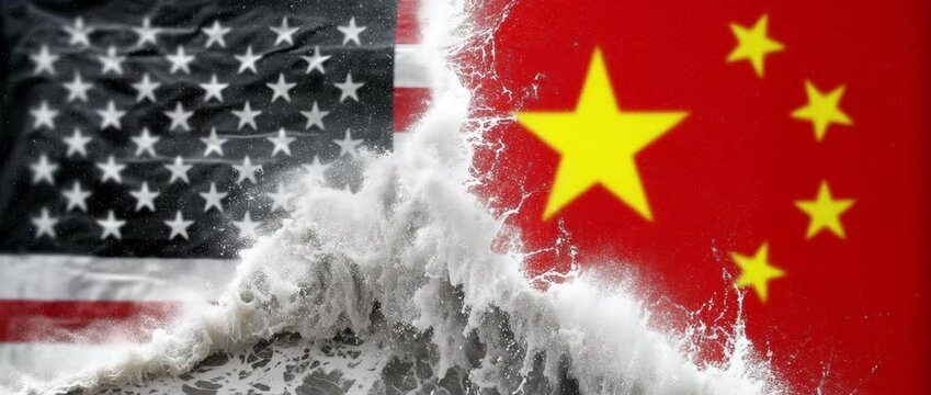 Ocean wave dramatically crashing into blended USA and China flags, slow motion close-up motion symbolizing economic clash and political tension, dark stormy background. - Powered by Adobe