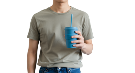 Man in a Gray T-Shirt Holding a Stackable Blue Cup with Straw on Transparent Background