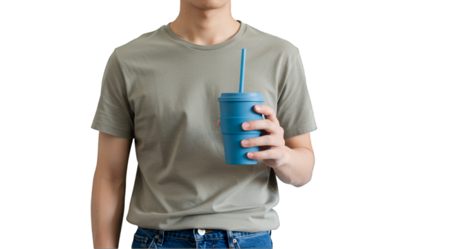 Man in a Gray T-Shirt Holding a Stackable Blue Cup with Straw on Transparent Background