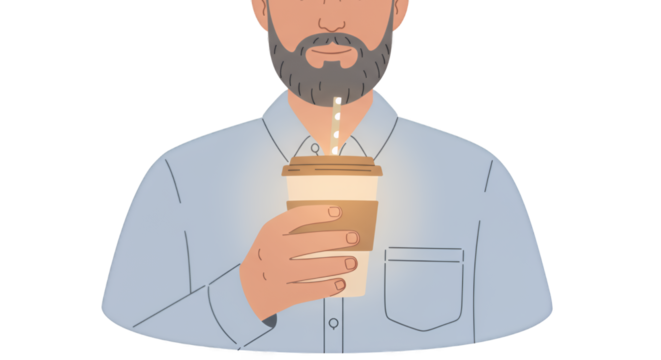 Man with Beard Holding Coffee Cup, Transparent Background