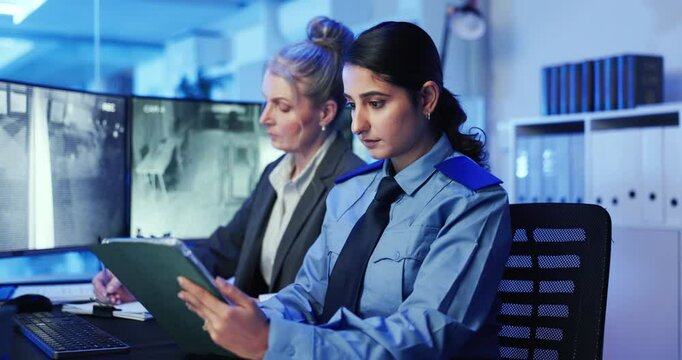 Women, security and tablet in surveillance office for writing, planning and strategy by monitor. People, computer screen and typing with feedback on application, advice and notes for safety services