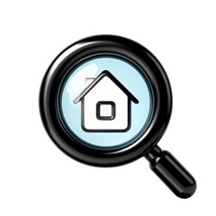 Real Estate Search Icon with Magnifying Glass and House Symbol Isolated on White Background