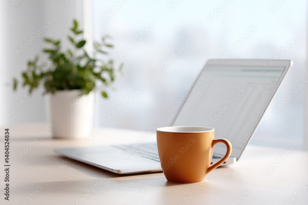Aufkleber minimalistic desk setup with laptop open displaying spreadsheets surrounded by cup of coffee and sim