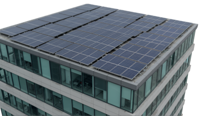 Modern Building With Rooftop Solar Panels on Transparent Background